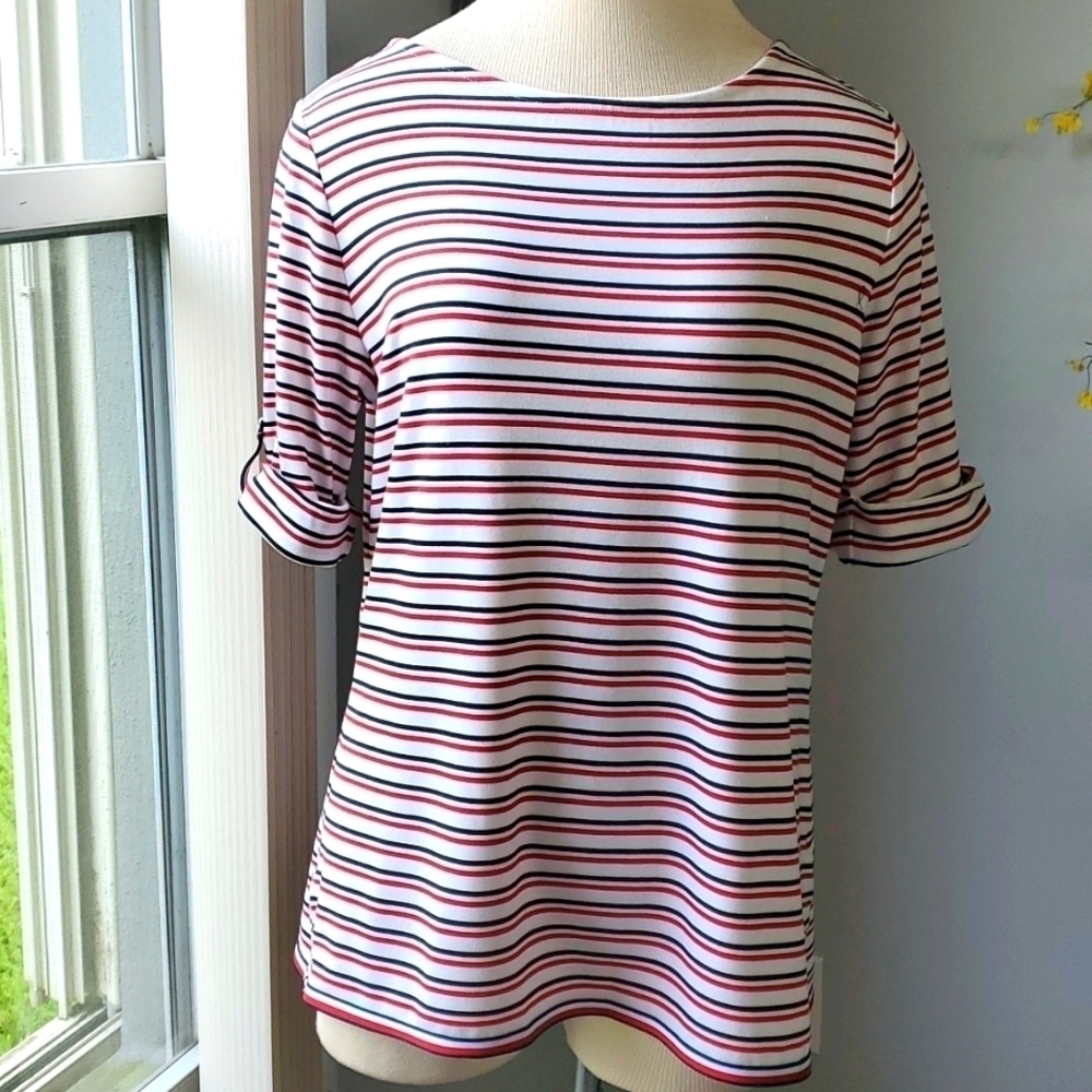 TOMMY HILFIGER, red, blCk & white striped shirt. Short sleeves. Size medium.